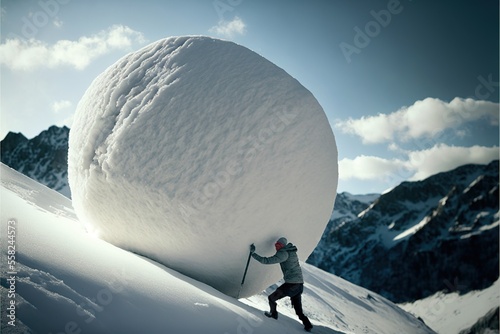 Sisyphus rolls a snowball uphill,  concept of useless efforts, created with Generative AI technology photo