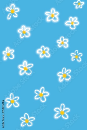Many hand drawn neon daisies glowing on blue background illustration