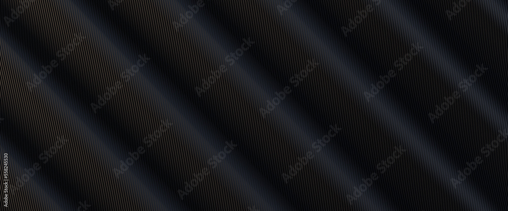 Fototapeta premium Black metal texture steel pattern. Grey line curve design on abstract black background. Dark horizontal template or banner, business backdrop. Abstract background with soft waves. 3D illustration