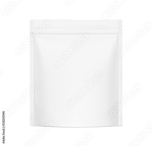 Blank stand up pouch bag with zipper mockup. Vector illustration isolated on white background. Front view. Realistic mockup will perfectly convey the benefits of your product. EPS10.	