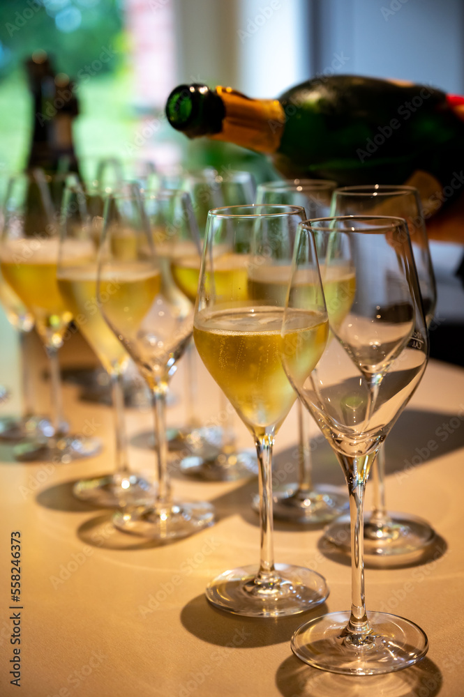 Fototapeta premium Tasting of brut and reserve champagne sparkling wine produced by traditional method in underground caves in Champagne, France