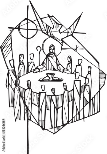 Hand drawn illustration of jesus eucharist in community.