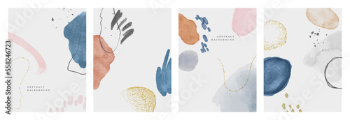 Abstract organic watercolor painting background set. Modern minimalist acrylic paint artwork poster collection. Handmade geometric shapes drawing  bundle, creative brush texture banner.