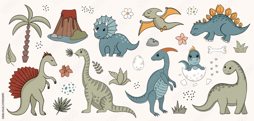 Retro cartoon dinosaur or dino vector set Retro cartoon dinosaur or dino vector set