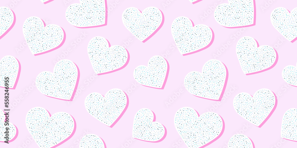 Pink love heart seamless pattern illustration. Cute retro romantic background print. Valentine's day holiday backdrop texture, romantic wedding design.