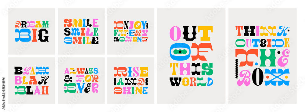 Set of colorful motivational typography quote in abstract art style. Trendy funky inspiration lettering text collection. Positive inspirational message for work, love or happy lifestyle. - obrazy, fototapety, plakaty 