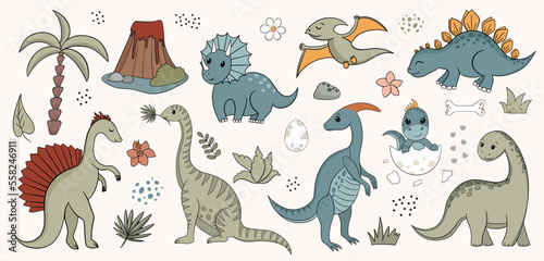 Retro cartoon dinosaur or dino vector set