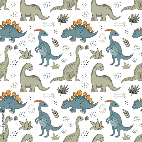Retro cartoon dinosaur or dino vector seamless pattern