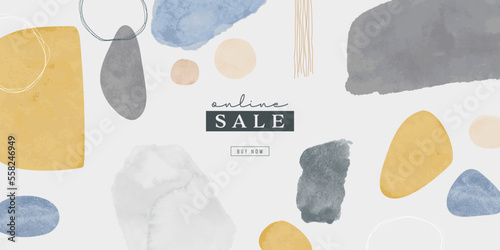 Online sale web background template with abstract watercolor art shape decoration. Internet business discount illustration, hand drawn acrylic paint artwork, scandinavian painting banner.