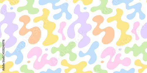 Abstract wavy shape seamless pattern illustration. Modern minimalist art print background of psychedelic curvy shapes on colorful pastel backdrop. Retro fashion fabric, liquid texture design.