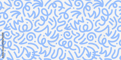 Fun line doodle seamless pattern. Creative abstract squiggle style drawing background for children or trendy design with basic shapes. Simple childish scribble wallpaper print.