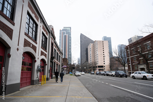 City Street with Fire Station and Fog in Seattle, WA