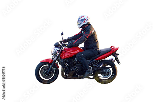 Fotografia Unidentified man driving a motorcycle isolated on white