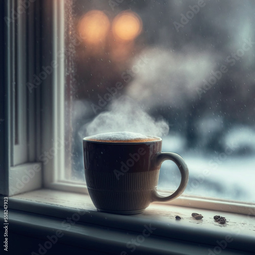 A cup of coffee or tea on a windowsill in front of a window with a cold day outside. Generative AI.