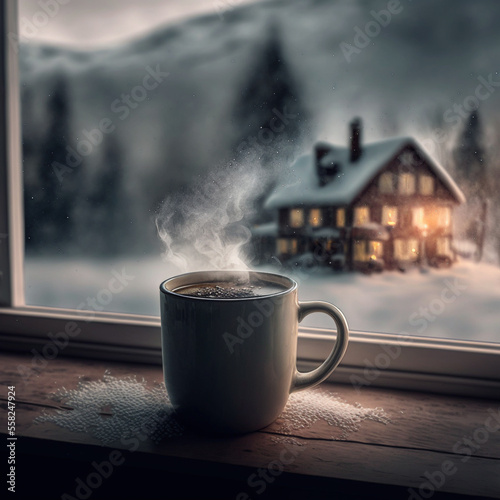 A cup of coffee or tea on a windowsill in front of a window with a snowy landscape outside. Generative AI.