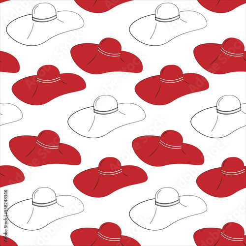 An endless pattern of a stylized female widebrimmed hat in red and white in different positions.