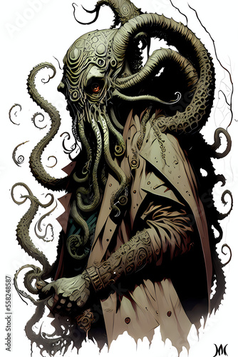 A fantasy board game card/colouring book page: Cthulhu. Lovecraftian cosmic entity, god in the form of a giant anthropomorphic octopus. AI-generated	
 photo