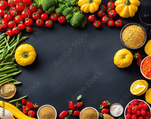 fruits and vegetables, flat surface, dark background, decoration