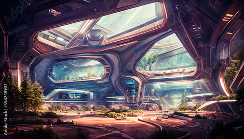 futuristic habitat on the moon, with sleek, modern design elements and advanced technology visible throughout the room, is characterized by geometric lines and smooth surfaces. Generative AI