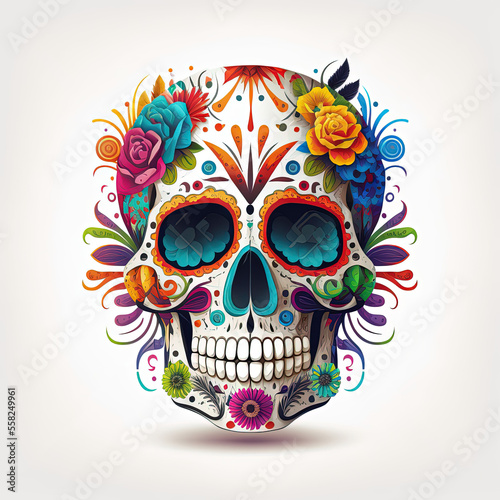 calavera, sugar skull, isolated, day of the dead, mexican skull, dia de los muertos, skull, white background, background, colorful, floral, floral skull, vector, tattoo, illustration, halloween, art, 