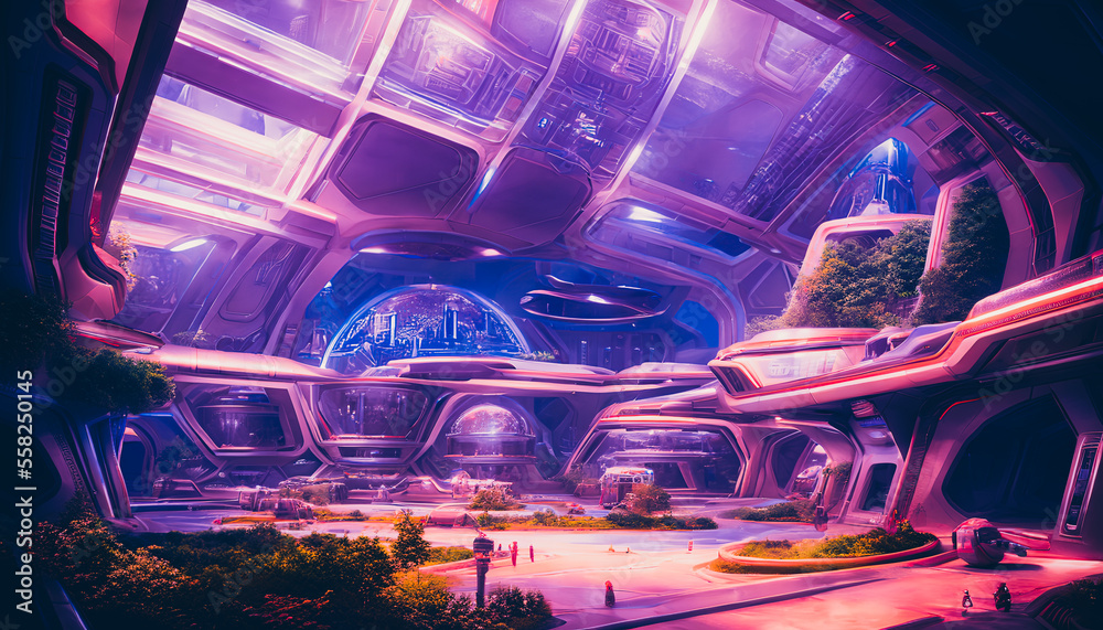 Interior of a colony on an unknown planet, rendered in a style reminiscent of the metaverse. The scene is filled with strange, futuristic technology and architecture. Generative AI Interior of a colony on an unknown planet, rendered in a style reminiscent of the metaverse. The scene is filled with strange, futuristic technology and architecture. Generative AI