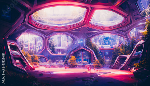 Interior of a colony on an unknown planet, rendered in a style reminiscent of the metaverse. The scene is filled with strange, futuristic technology and architecture. Generative AI
