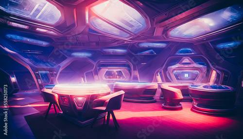 Interior of a colony on an unknown planet  rendered in a style reminiscent of the metaverse. The scene is filled with strange  futuristic technology and architecture. Generative AI