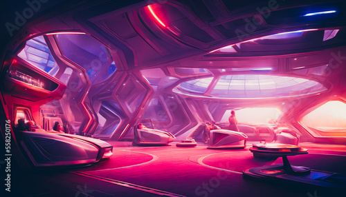 Interior of a colony on an unknown planet  rendered in a style reminiscent of the metaverse. The scene is filled with strange  futuristic technology and architecture. Generative AI