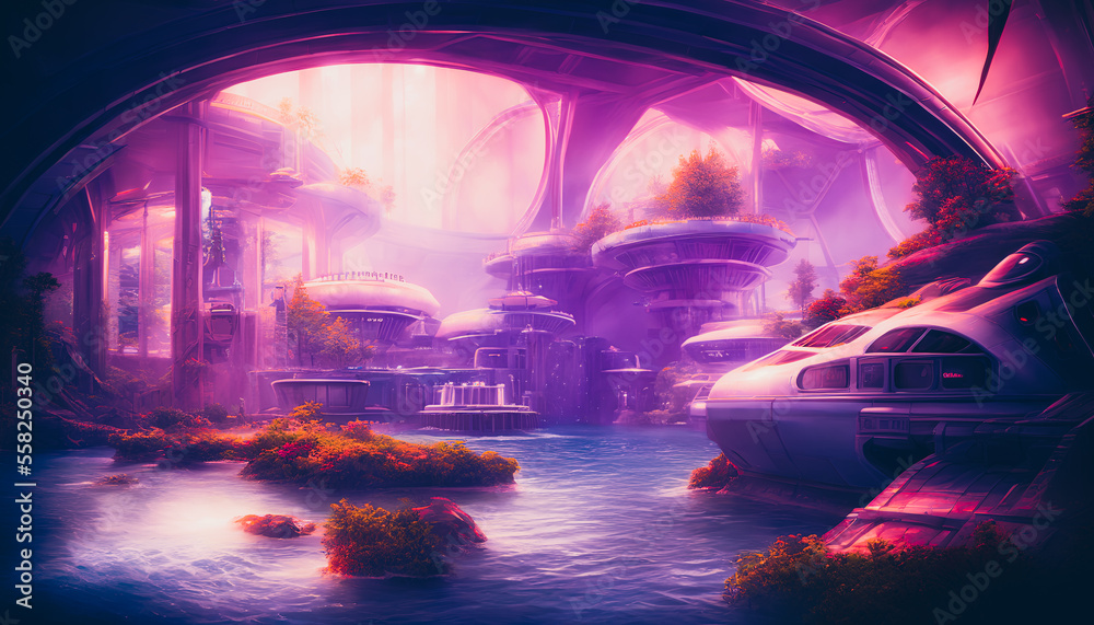 Interior of a colony on an unknown planet, rendered in a style reminiscent of the metaverse. The scene is filled with strange, futuristic technology and architecture. Generative AI