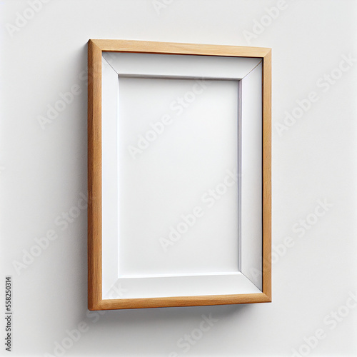 Empty wooden frame with white wall, graphic mockup frame, generative ai