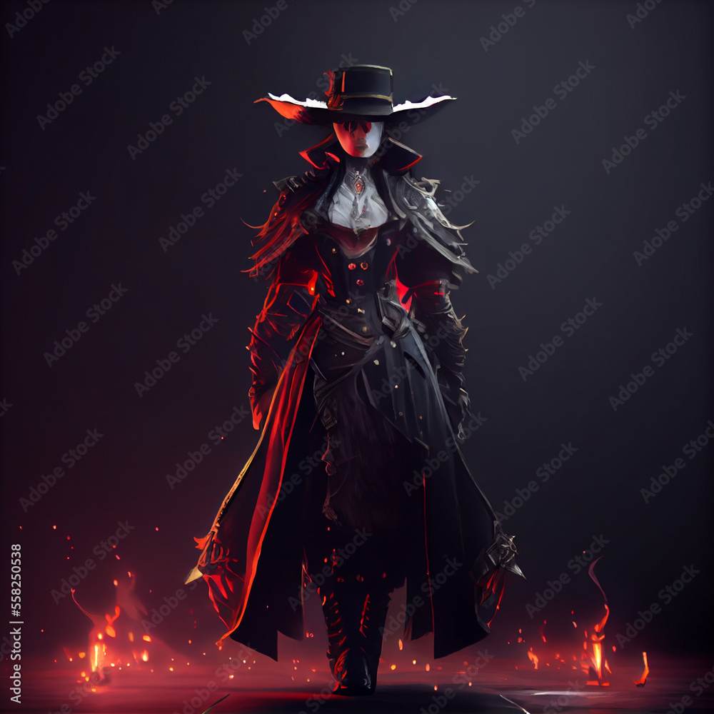 Fototapeta premium Witch hunter with red and black magic cloth, generative ai