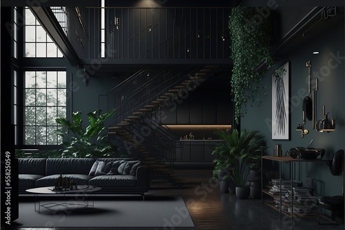 Modern home interior in dark colors. Loft. AI