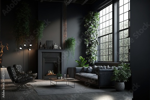 Modern home interior in dark colors. Loft. AI © DZMITRY