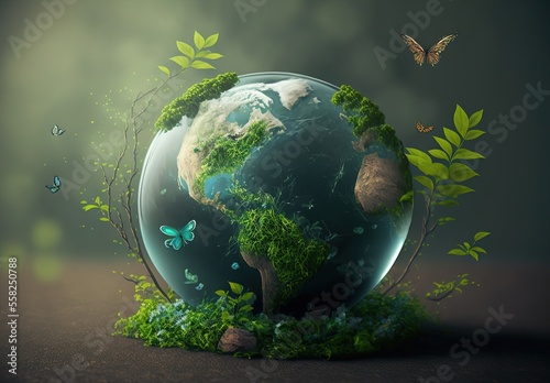 Planet Earth in the form of a glass ball symbolizing an environmentally friendly environment. AI