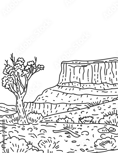 Mono line illustration of Capitol Reef National Park west of Torrey in the center of southern Utah done in monoline line drawing art style. 