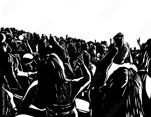 Retro woodcut style illustration of a crowd of people in an event watching a concert holding mobile phones viewed from rear on isolated background done in black and white.