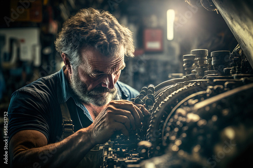 Auto mechanic working in a car repair shop and trying to repair or maintain engine or gearbox service. Nice cinematic lighting, golden hour. Generative AI