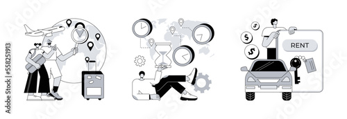 International tourism abstract concept vector illustration set. Global travelling, time zones, rental car service, travel agency, vacation resort chain, jet lag, online car booking abstract metaphor.