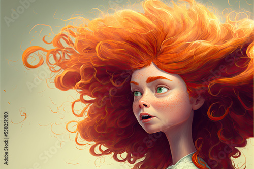 Portrait of a young woman with red curly ginger hair, Kiss a Ginger's Day, generative ai illustration