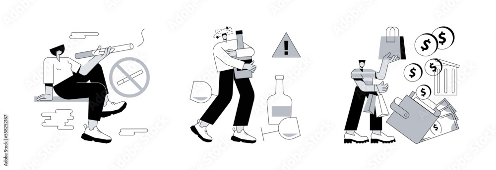 Bad habits abstract concept vector illustration set. Smoking cigarettes ...