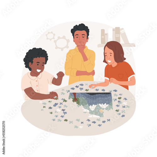 Puzzles isolated cartoon vector illustration. Group of kids collecting jigsaw puzzles together, mind challenge, brain games, mental development, leisure activity at home vector cartoon.