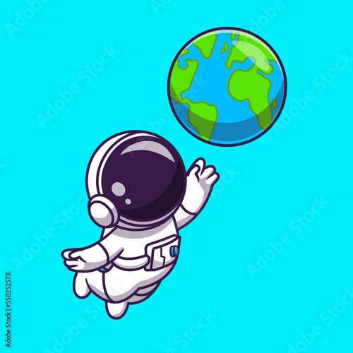 Cute Astronaut Floating With Earth World Cartoon Vector Icon 
Illustration. Technology Science Icon Concept Isolated Premium 
Vector. Flat Cartoon Style