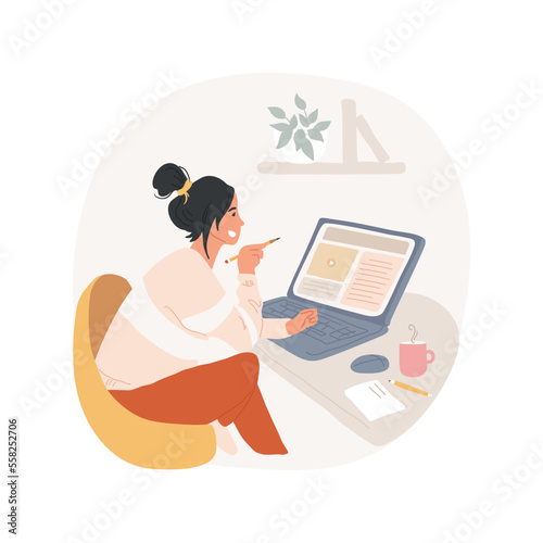 Blogs isolated cartoon vector illustration. Young girl reading online blogs via laptop and drinking coffee, getting new knowledge, people lifestyle, mental development vector cartoon.