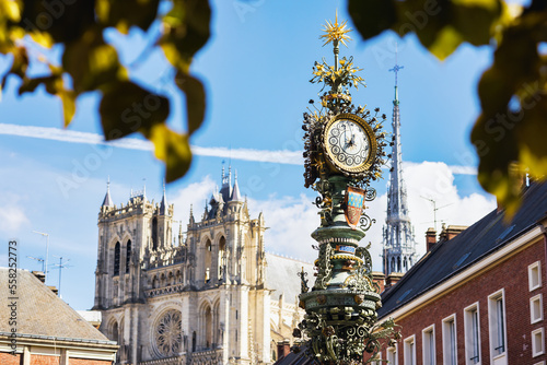 Fototapeta Naklejka Na Ścianę i Meble -  old street clock in front of Amiens Cathedral, Hauts-de-France, France
