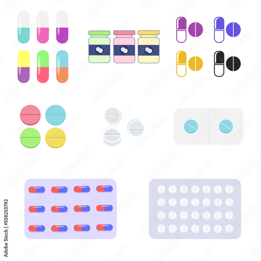 Set of tablets and capsules. Flat icon isolated on white background. Vector illustration.