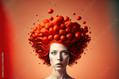portrait of a woman with bright red strange hair, ai generative, illustration
