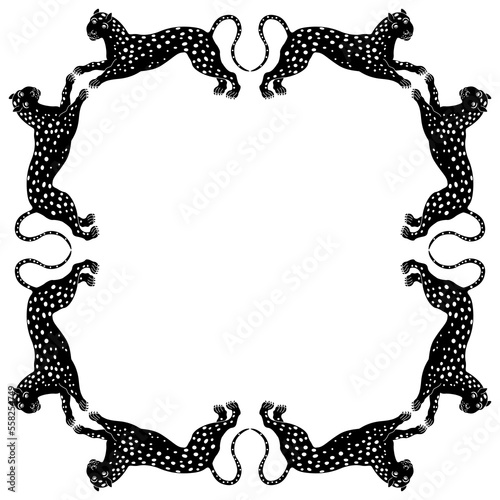 Geometrical animal frame with stylized spotted wild cats or leopards. Black and white silhouette.