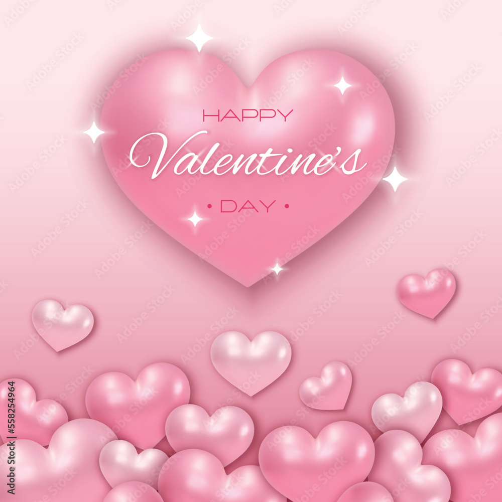 Happy Valentine's day poster or sale banner. Vector illustration of hearts on pink background. Place for text