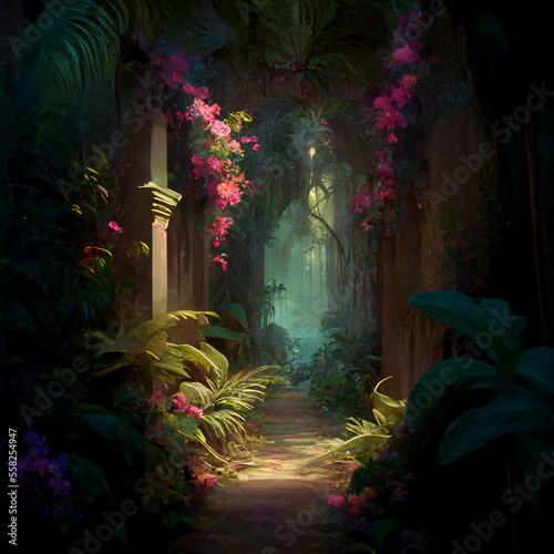 Corridor with an arch overgrown with flowers and tropical plants in the jungle