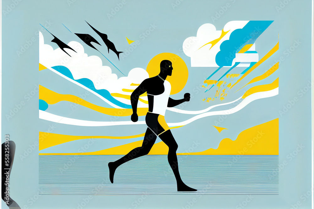 Yellow and Blue Vector illustration of Man Running on Beach. Generative ai